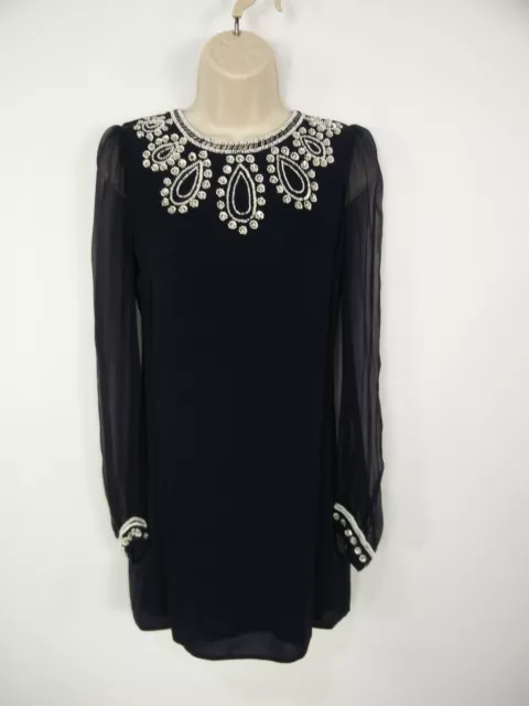 Womens French Connection Uk 8 Navy Long Sleeve Embellished Silk Occasion Dress