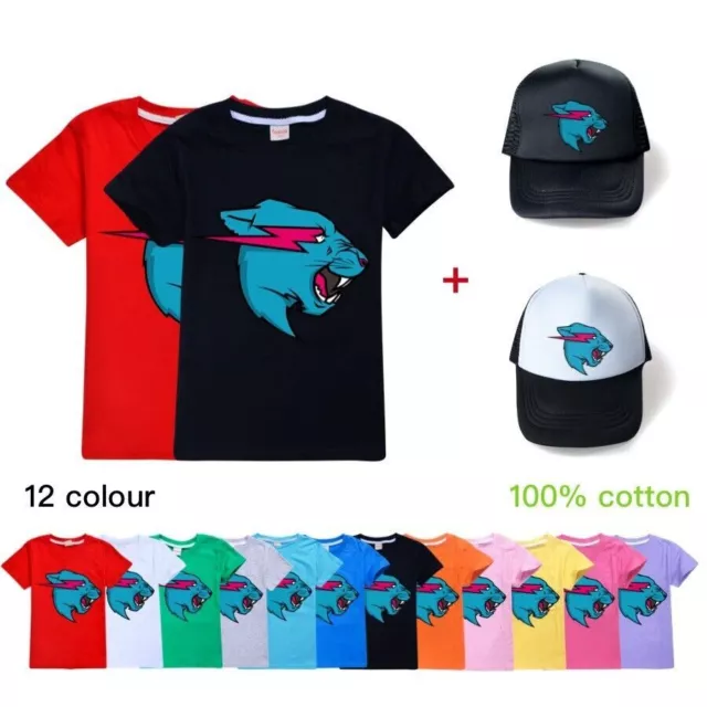 Kids Mr Beast Lightning Cat T shirt+Baseball Cap Suits Cotton Short Sleeve Tops