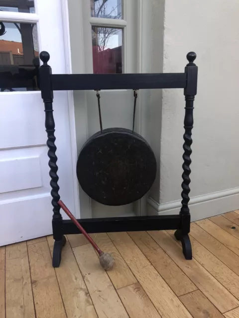 Antique Free Standing Dinner Bronze/brass? Gong Wooden Turned Spindle Frame