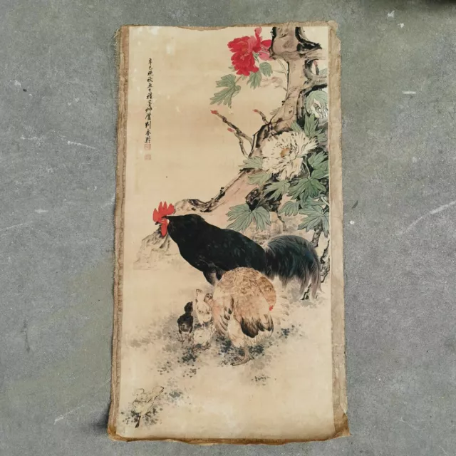 Chinese Old Scroll Liu kuiling - chicken Painting Rice Paper Painting Slice