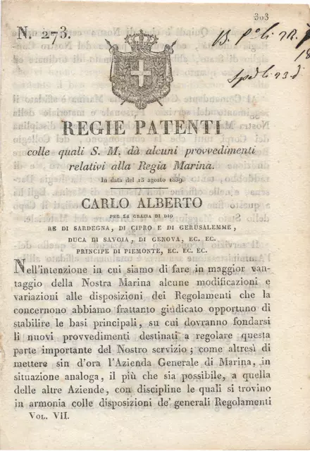 Decreto Regno di Sardegna Regie Patenti Provvedimenti Regia Marina 1839.