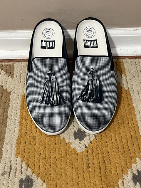 Fit Flop Shoes Womens 7.5 Houndstooth Superskate Tasseled Mules Blue Fabric
