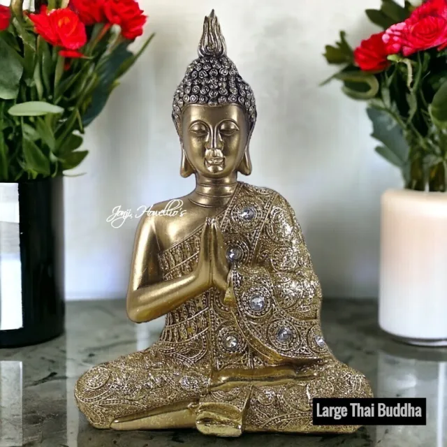 Large Thai Buddha Praying Meditating Sculpture Ornament Gold Diamante Figurine
