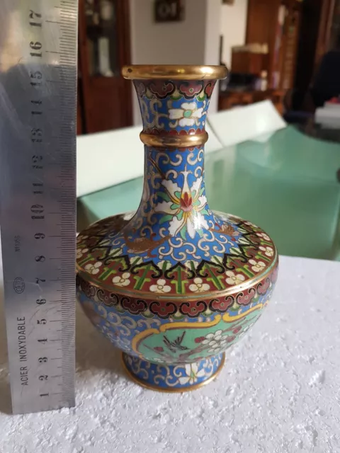 Très joli Vase pansu Chinois Vintage en Email Cloisonné Emaux Chine decor Fleuri