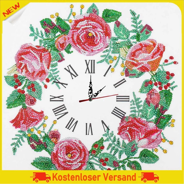 Aisen Wanduhr, Blumen, Diamond Painting, 5D, Kreuzstich, Diamant-Stickerei, Kuns