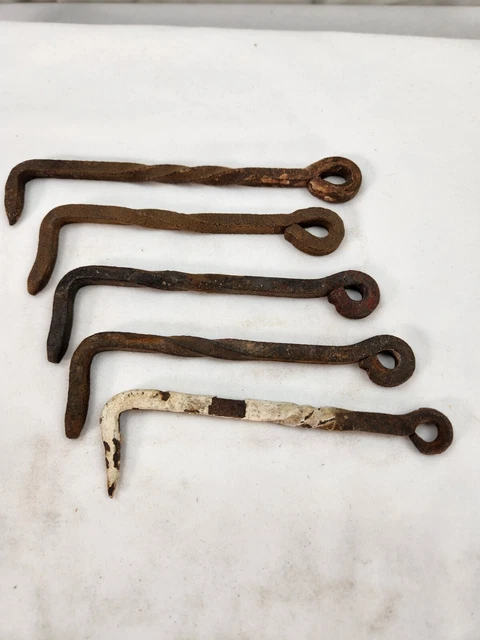 5 Antique Gate Hook Iron Hand-Wrought Hanging Rustic Primitive Vintage Lot