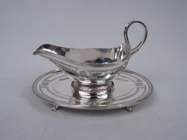 Antique Gravy Boat Stand Plate Belle Epoque Classical Sauce French 950 Silver