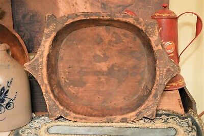 Early 1800's Primitive Antique Hand Hewn Wood Serving Dough Bowl Handles Patina
