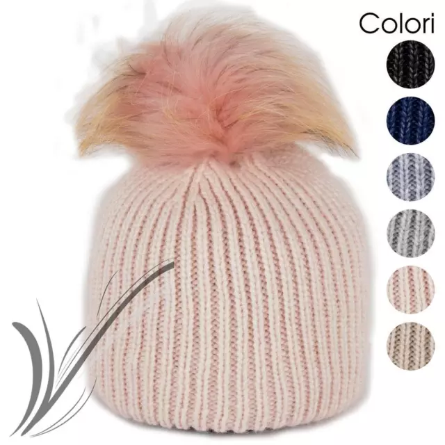 Cappello donna invernale pon pon berretto caldo da ragazza beanie maglia costine