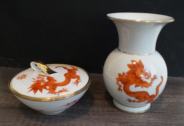 Set  Porzellan Graf von Henneberg   Vase und Dose  Ming Drache rot