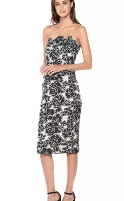 NWOT Monique Lhuillier Strapless Floral Embroidered Black Cream Cocktail Dress S