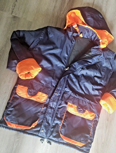 VTG 80's Kids Unisex size L. navy blue & neon orange pockets hooded ski jacket