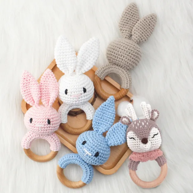 Handmade Rattle Crochet Rabbit Rattle Toy Kid Bunny Deer Teething Ring Rattle