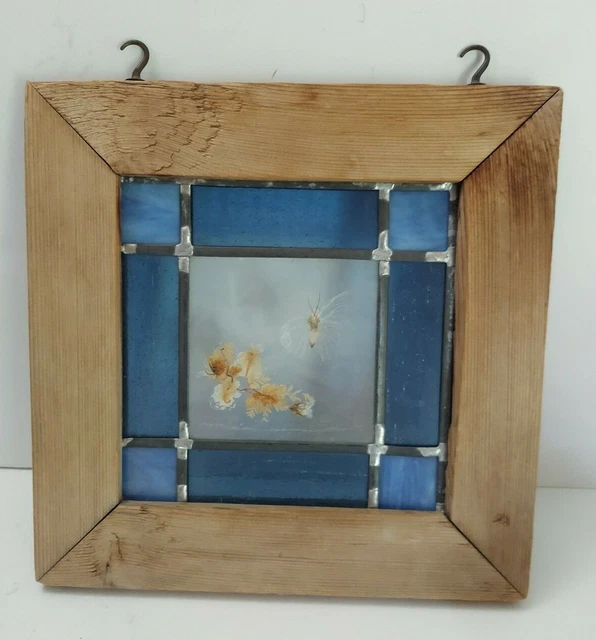 Stained Glass Window Hanging Dried Flowers Butterfly Rustic Wood Framed blue 11"