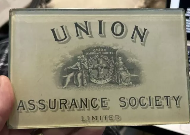 Vintage Union Assurance Society Limited Advertising Glass Paperweight Mirror