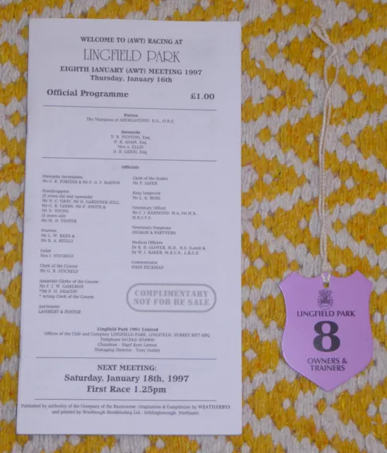 *LINGFIELD PARK RACES* 1997 RACE CARD + OWNERS BADGE {16th January / AWT Racing}