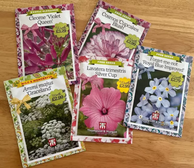 Five Packets Flower Seeds ~ Cosmos, Lavatera, etc. Thompson & Morgan