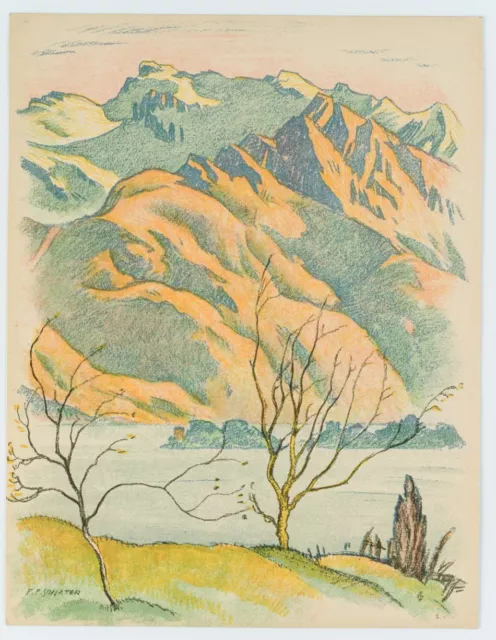 E. SCHLATTER (*1883), Alpen vor einem Gebirgssee, Siebdruck Realismus Landschaft 2
