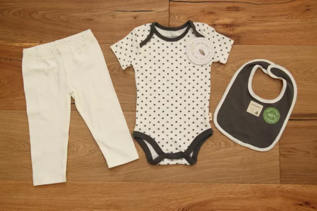 Burt's Bees Baby Boy 3 Piece Bodysuit, Pants & Bib Set ~ Ivory & Gray ~ Organic