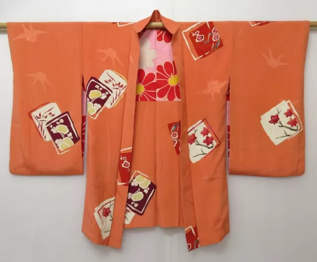 1428T02z630 Vintage Japanese Kimono Silk HAORI Coral orange Plum blossom