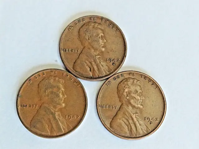 1942 P D S Lincoln Wheat Cent Penny Set Of 3 Coins Lot
