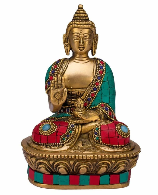 Buddha Statue Blessing Brass Multicolor Stone Handwork Home Decor Figurine