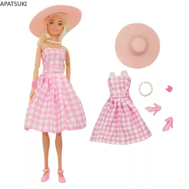 Movie Pink Clothes Set for 11.5" Doll Plaid Dress Hat Necklace Bangle Shoes 1/6