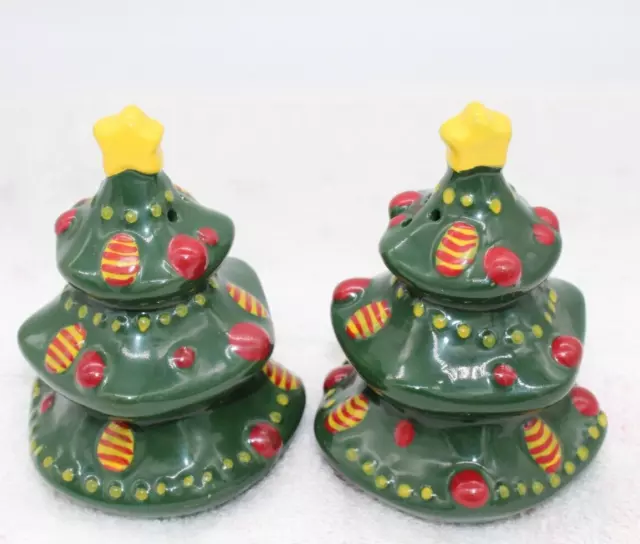 Vintage Christmas tree salt and pepper shakers with painted ornaments