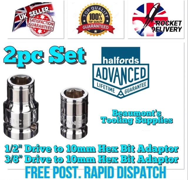 HALFORDS ADVANCED 2PC 10mm Bit Holder Adaptor Socket Set 3/8 and 1/2