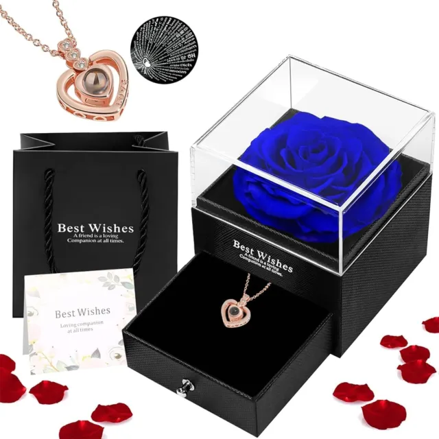 Preserved Rose with Necklace, Gift Box with Love You Necklace, Valentines Day