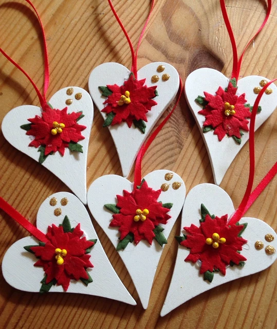 6 x Handmade Christmas Hanging Decorations Poinsettia Flowers Cream Or Red