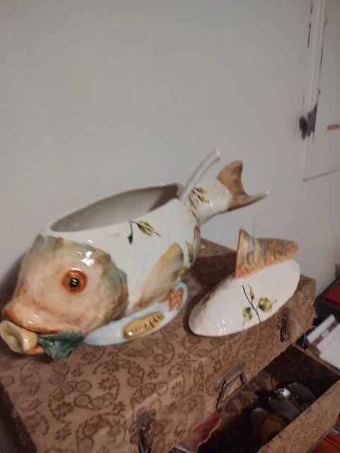 22” Vintage Italian Majolica Fish Soup Tureen,  Hand Painted by Zanzolli