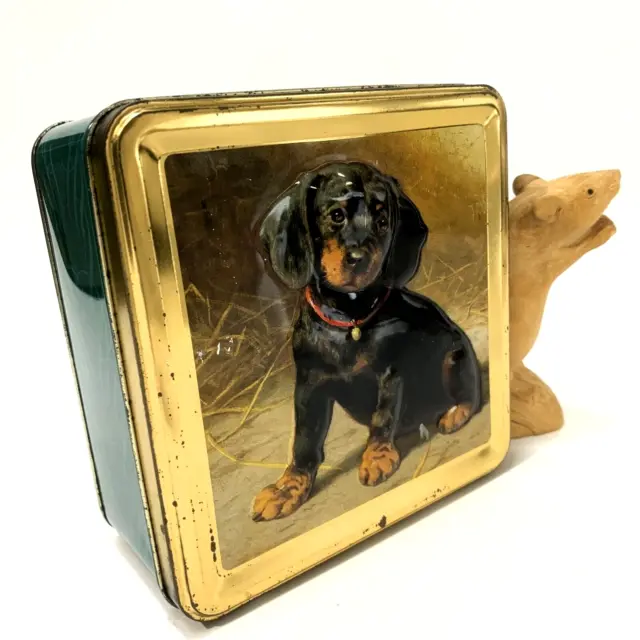 Vintage 90s  Biscuit TIN 15x15cm - BLACK PUPPY - Pressed Tin Lid