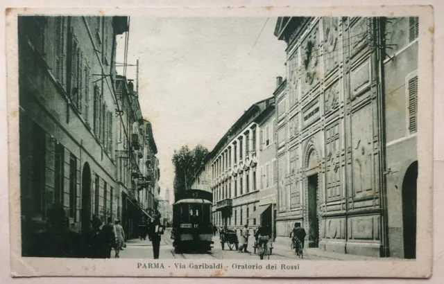 Cartolina Parma tram via Garibaldi oratorio Rossi animata paesaggistica T2