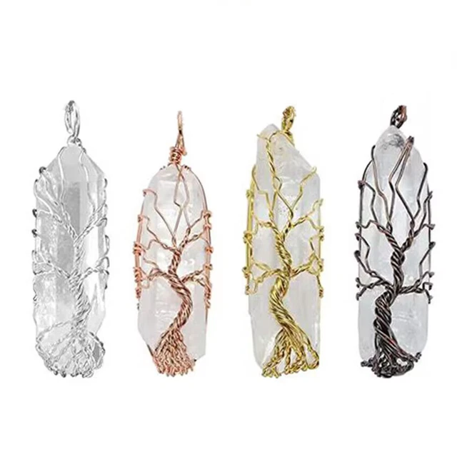 Natural Gemstone Quartz Crystal Rock Stick Handmade Wire Wrap Life Tree Pendant