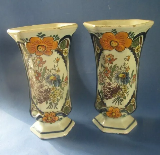 Polychrome Faience Decor Flowers Signed Mq, Delft 17th 18th 18e Delft Vases