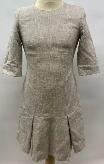 The Fold Beige Cotton Tweed 3/4 Sleeve Pleat Hem Dress UK Size 12     K12