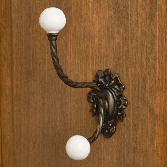 Signature Hardware Ornate Double Hook W/White Ceramic Knobs Antique Brass