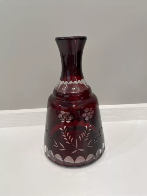 Vintage Bohemian TUMBLE UP Ruby Red Cut to Clear Glass Decanter