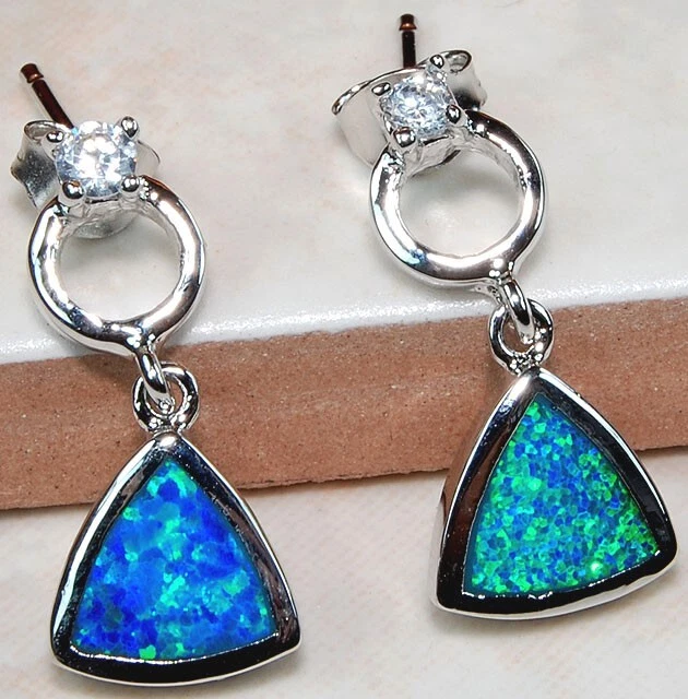 2CT Australian Opal Inlay & Topaz 925 Solid Sterling Silver Earrings GA4