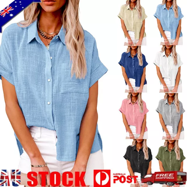 Womens Cotton Linen Casual Blouse  Ladies Button T Shirt Short Sleeve Tops Tunic