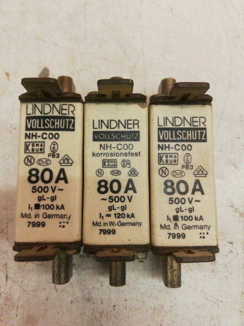 Lot de 3 Fusible LINDNER NH-C00 7999 80AMP 500v gL