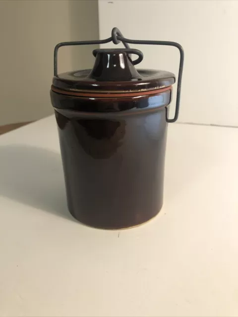 Small Brown Butter Cheese Crock Stoneware With Wire Bail Lid And Rubber Gasket