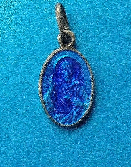 Médaille Religieuse Ancienne Vierge Marie En Argent Massif Et émail Bleu - Pendentif Occasion