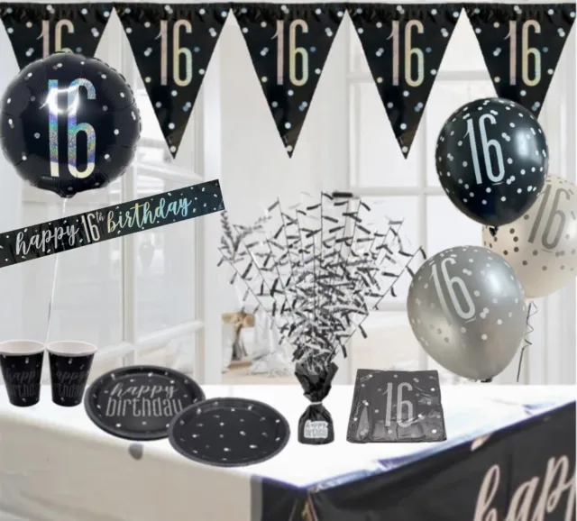 Age 16 & happy birthday black silver party decorations balloons bunting banners