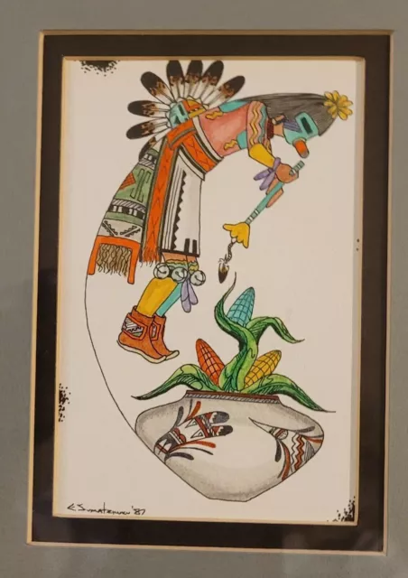 Hopi Indian Artwork Signed Framed Edgar Sumatzkuku Corn Kachina Arizona 2