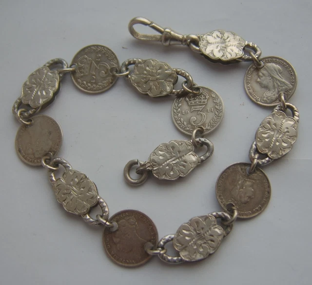 ANTIQUE VICTORIAN SOLID Silver Albert Pocket Watch Chain with Coins
