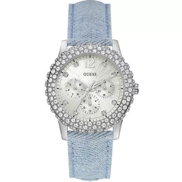 Guess Women's Analog Silver Dial Quartz Sky Blue Leather Strap W0336L7 Watch