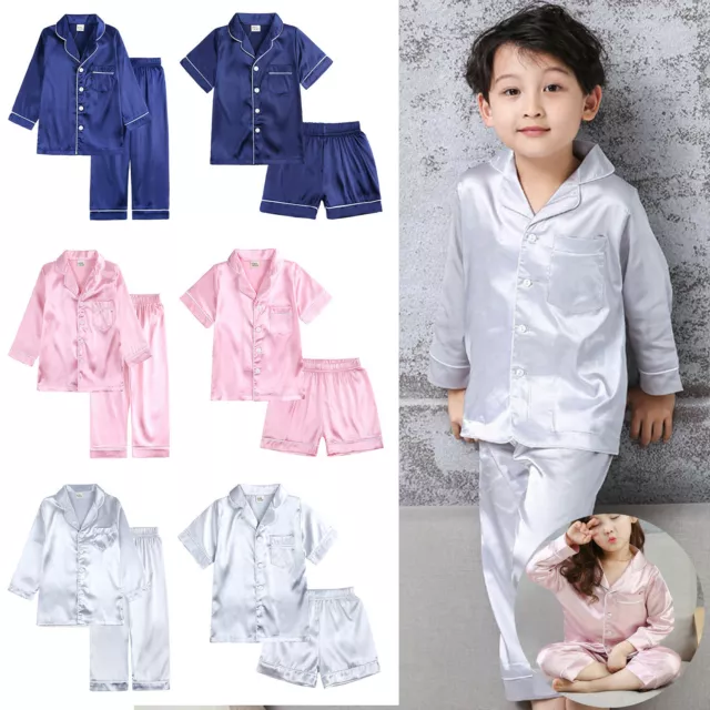 Kids Boy Girls Pyjamas Set Nightwear Pjs Satin Silk Sleepwear Tops Pants Outfits