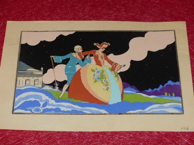 Gouache Au Pochoir Art Déco Français 1925 - Motif Libellule Et Fleurs, Rare Et Superbe